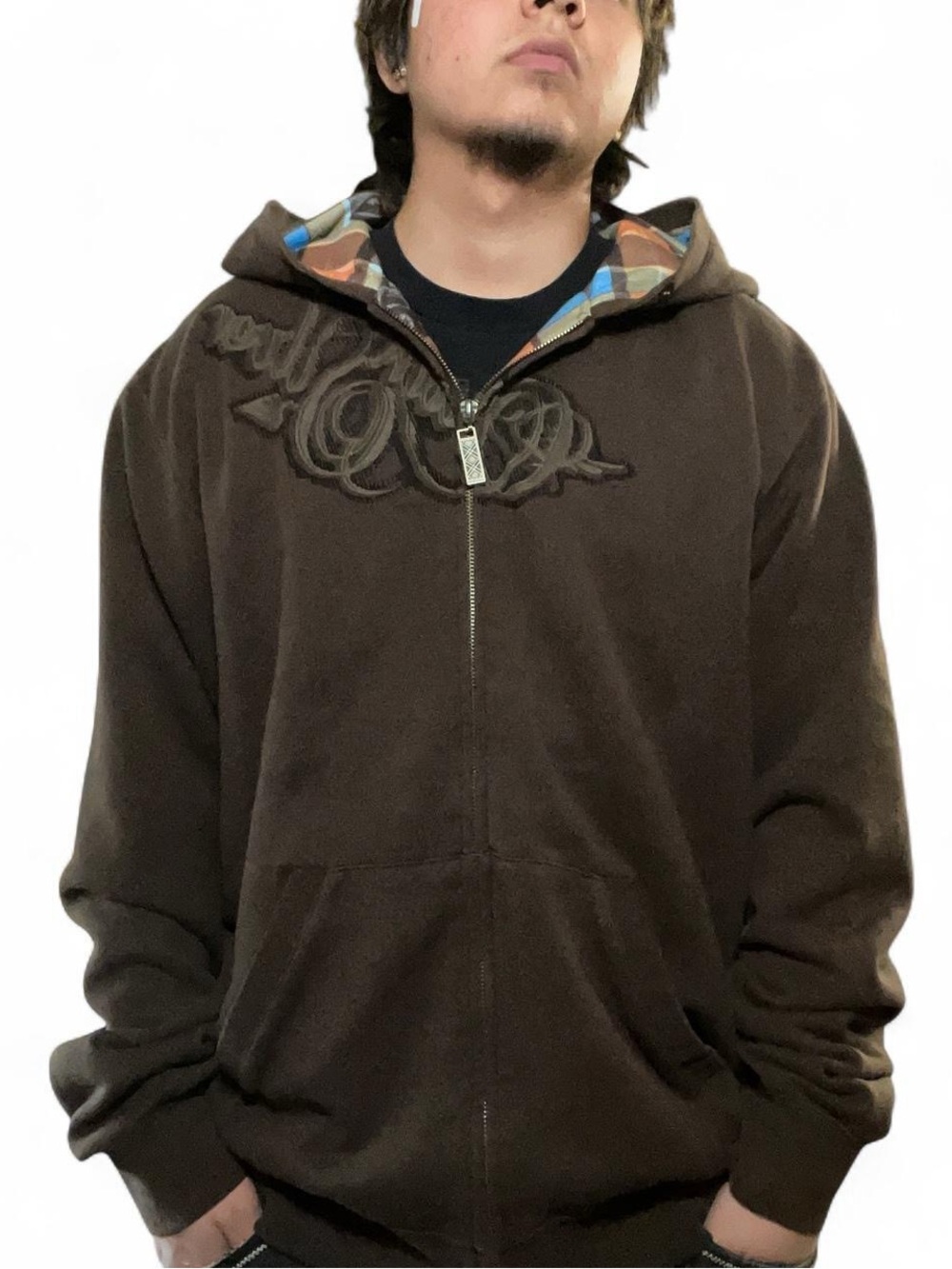 Vintage Quiksilver Y2K‎ Brown Zip-Up Hoodie with Flannel Lining